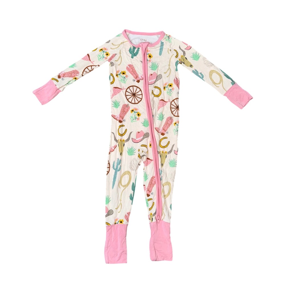 Little Sleepies Zippy Pajamas Kids 6-12M Pink Wild West Excellent Bamboo Romper